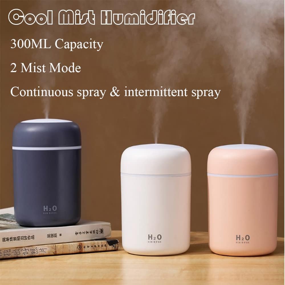 Portable Mini Humidifier - 300ml Cool Mist, LED Light, USB, Auto Shut-Off