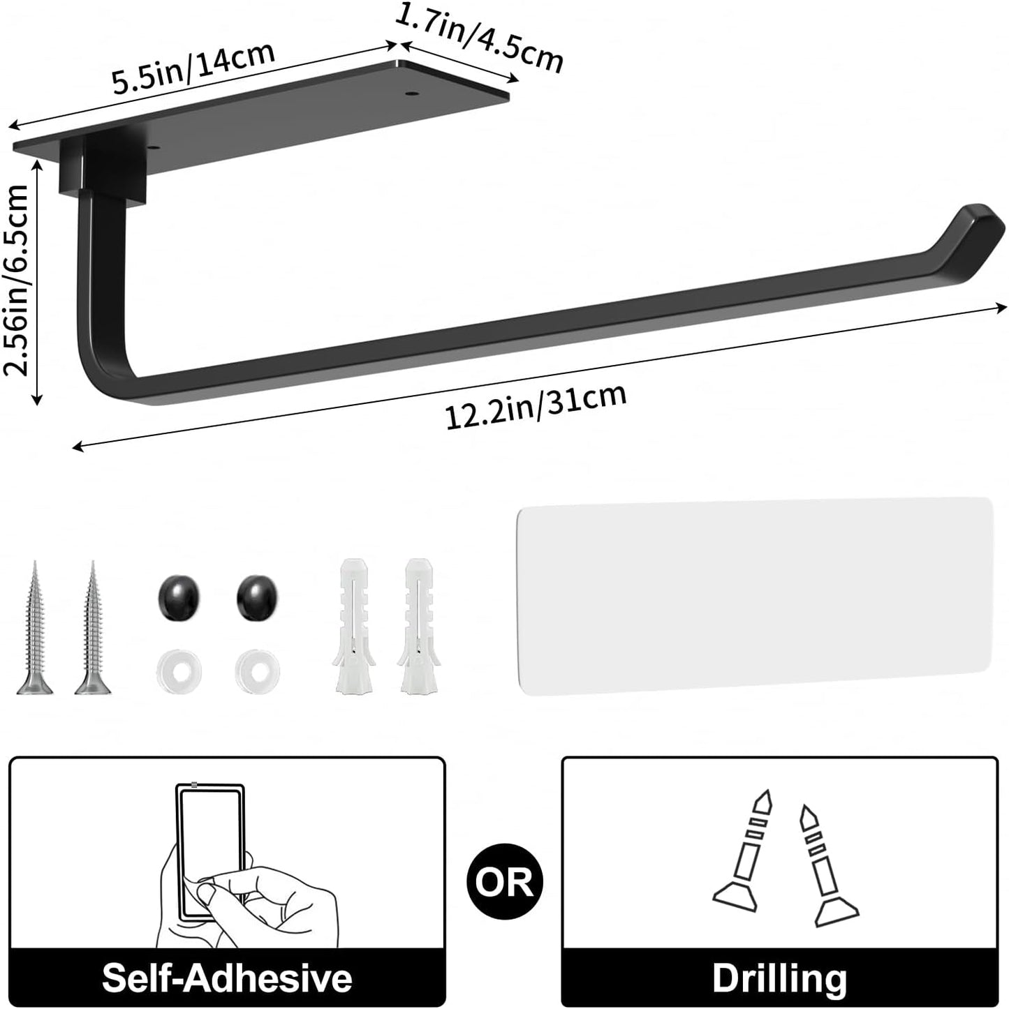 Paper Towel Holder - Matte Black, Self-Adhesive/Drilling, Under Cabinet