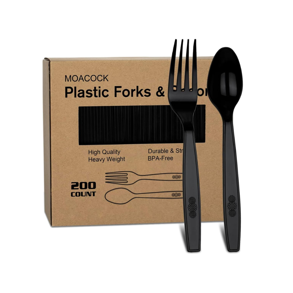 200 Count Heavy Duty Plastic Silverware Set - Forks & Spoons for Events