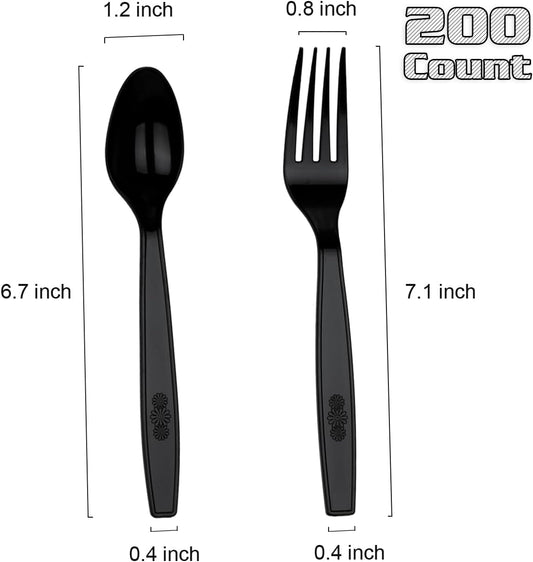 200 Count Heavy Duty Plastic Silverware Set - Forks & Spoons for Events