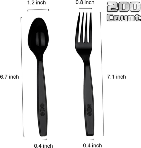 200 Count Heavy Duty Plastic Silverware Set - Forks & Spoons for Events