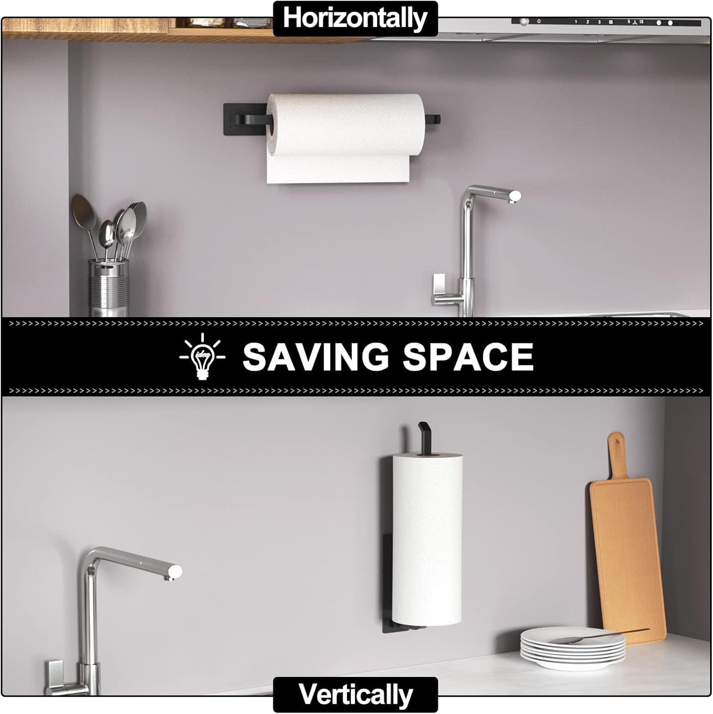 Paper Towel Holder - Matte Black, Self-Adhesive/Drilling, Under Cabinet