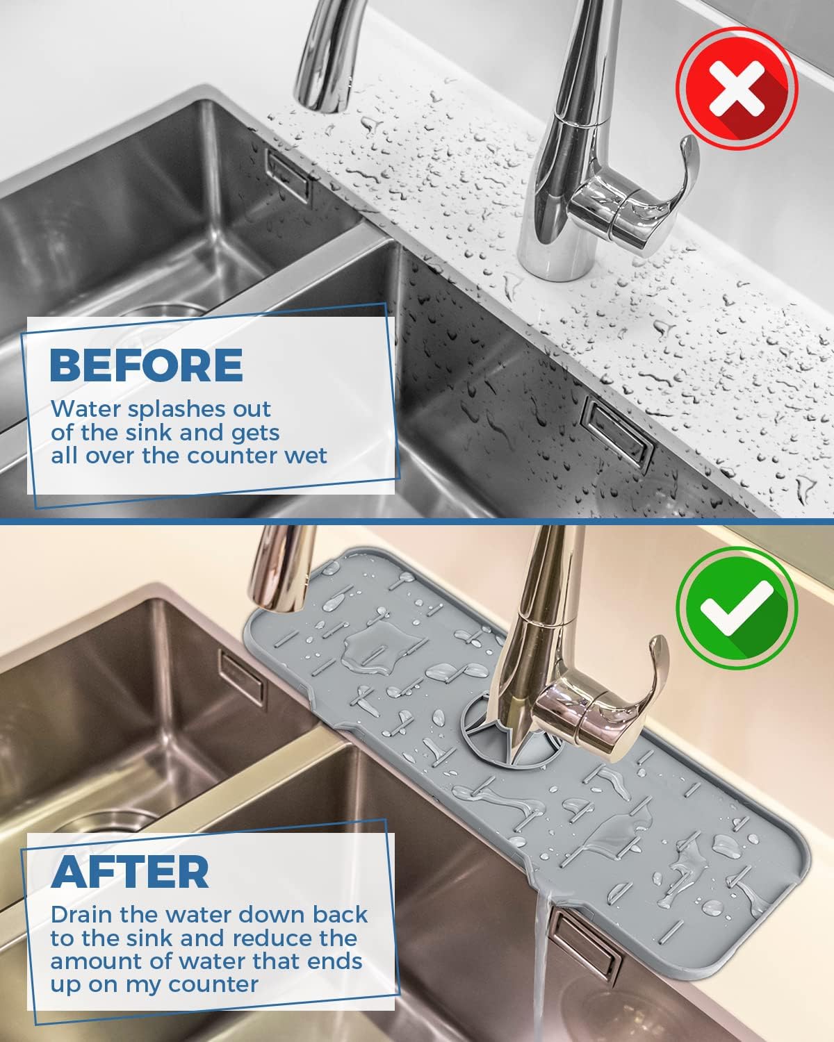 Kitchen Sink Splash Guard - Silicone Drip Catcher Tray & Sponge Holder Mat