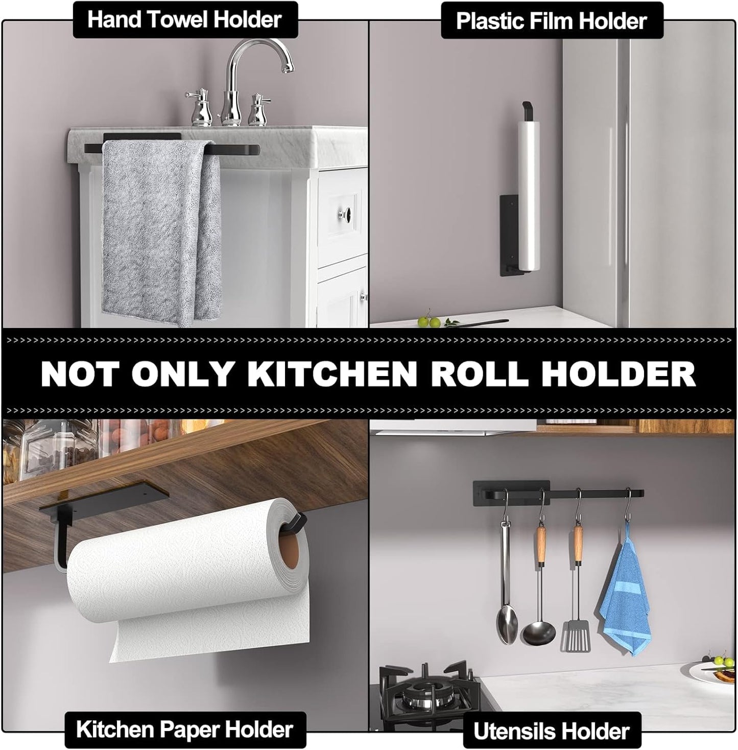 Paper Towel Holder - Matte Black, Self-Adhesive/Drilling, Under Cabinet