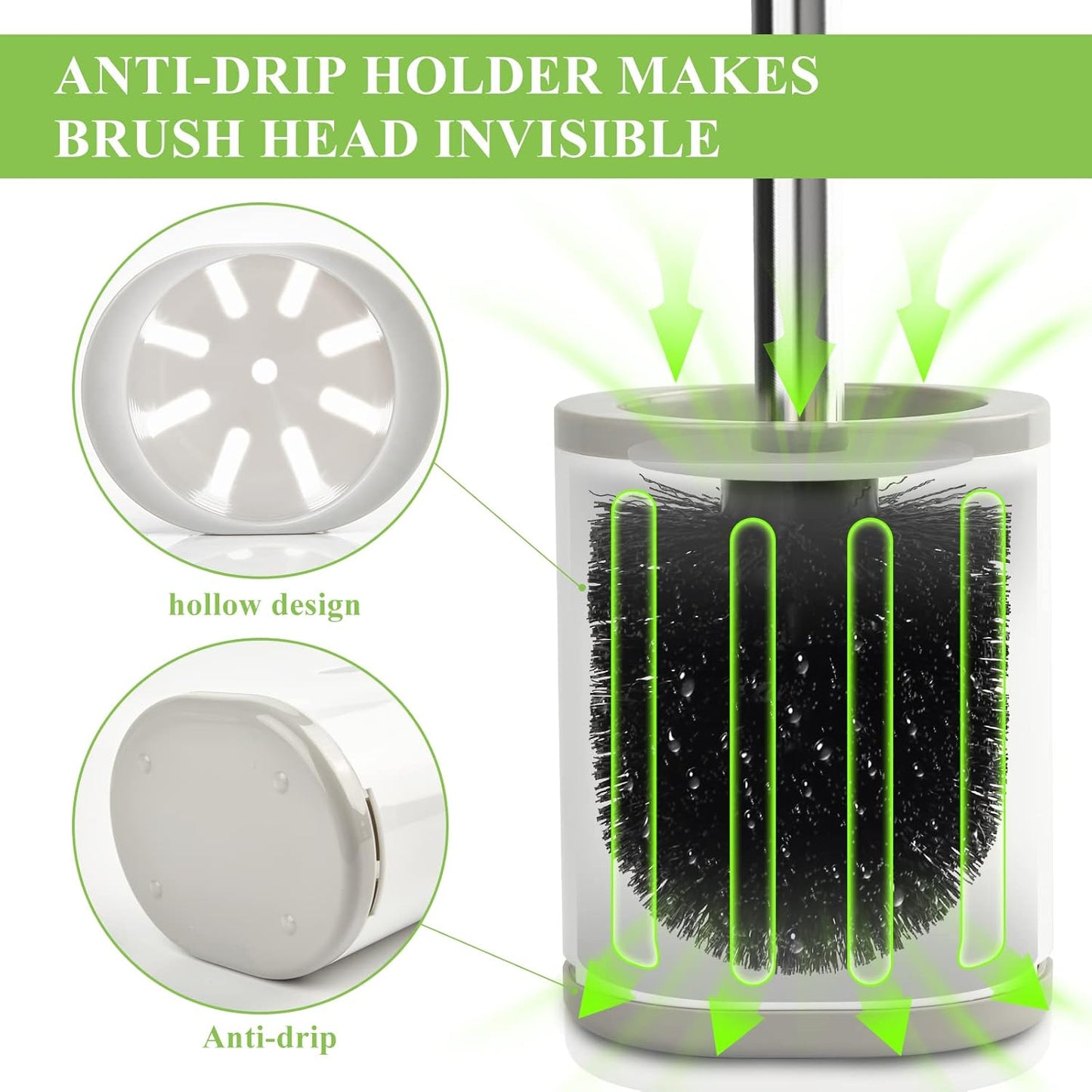 Compact Toilet Brush & Holder - Stainless Steel Handle, Drip-Proof, Space-Saving