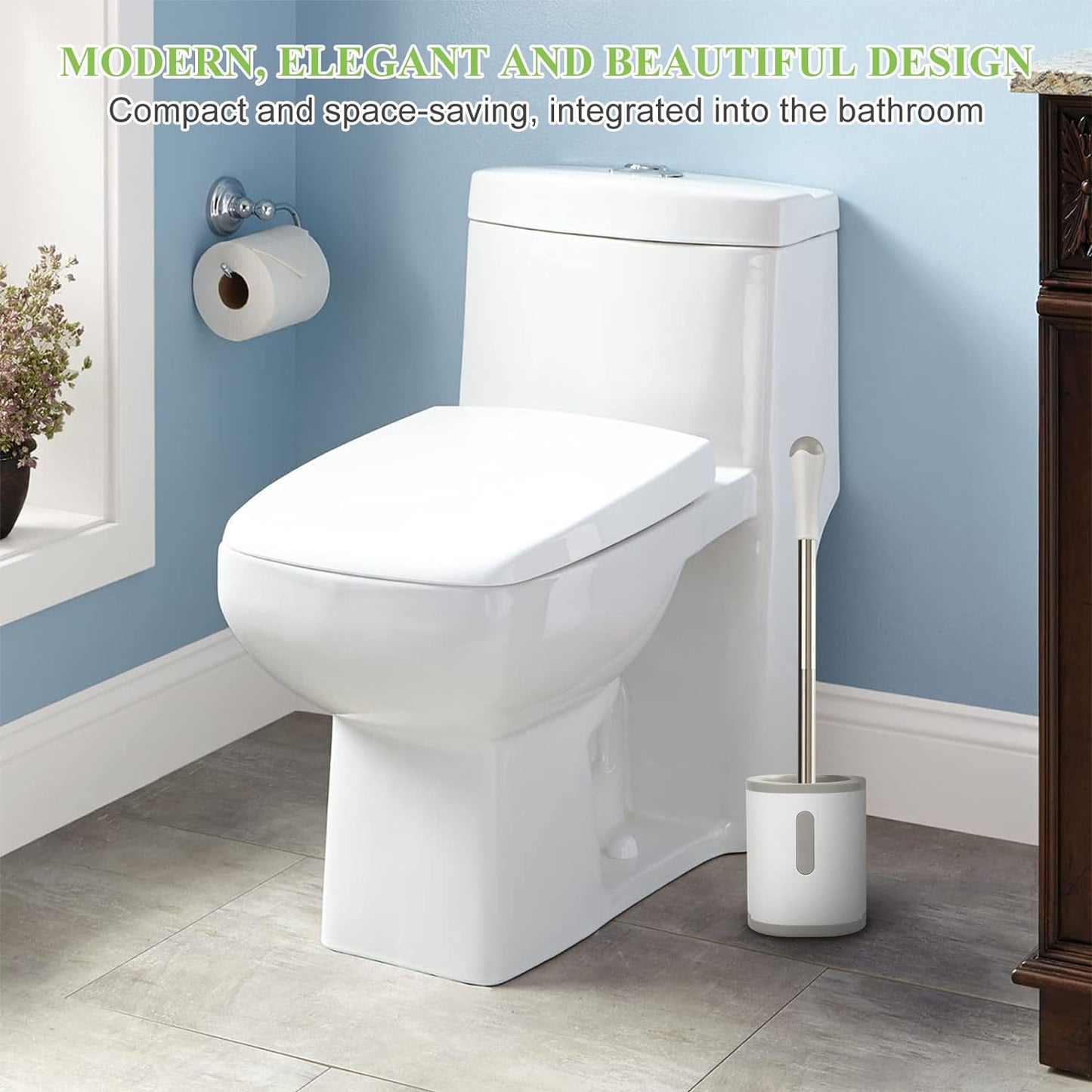 Compact Toilet Brush & Holder - Stainless Steel Handle, Drip-Proof, Space-Saving