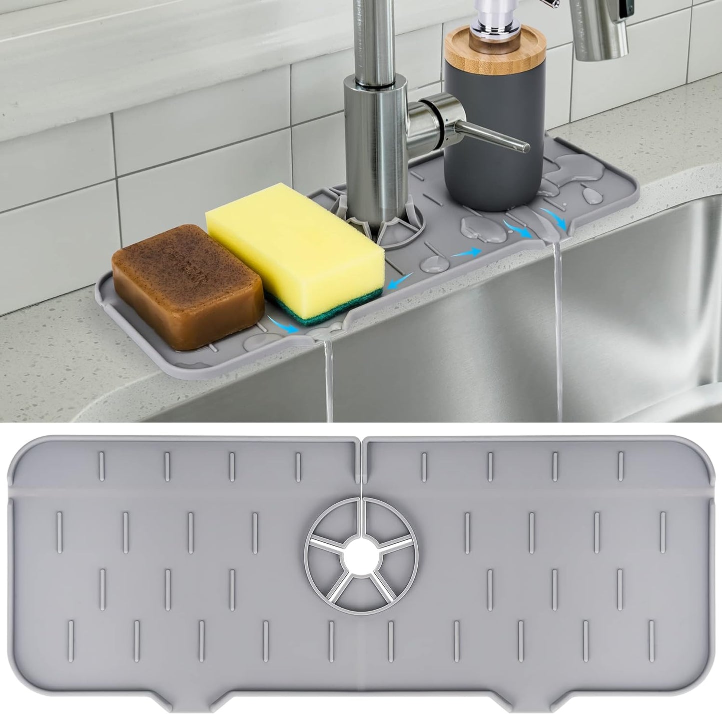 Kitchen Sink Splash Guard - Silicone Drip Catcher Tray & Sponge Holder Mat