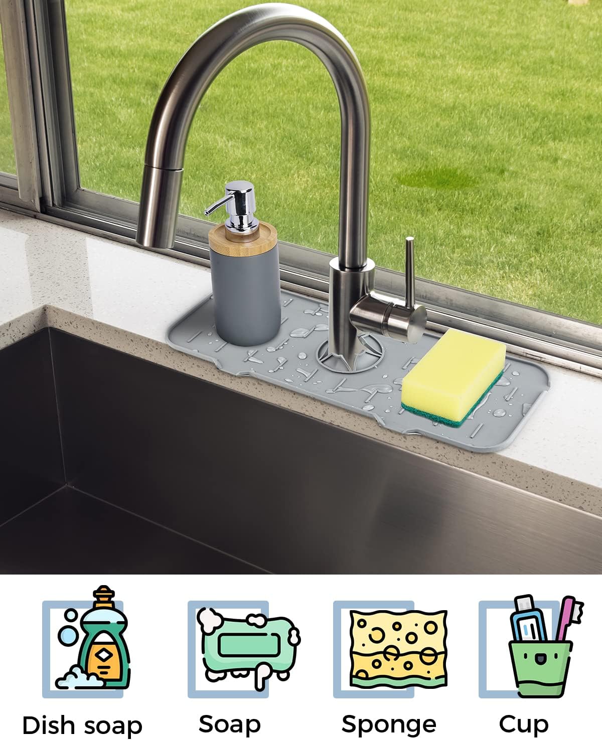 Kitchen Sink Splash Guard - Silicone Drip Catcher Tray & Sponge Holder Mat