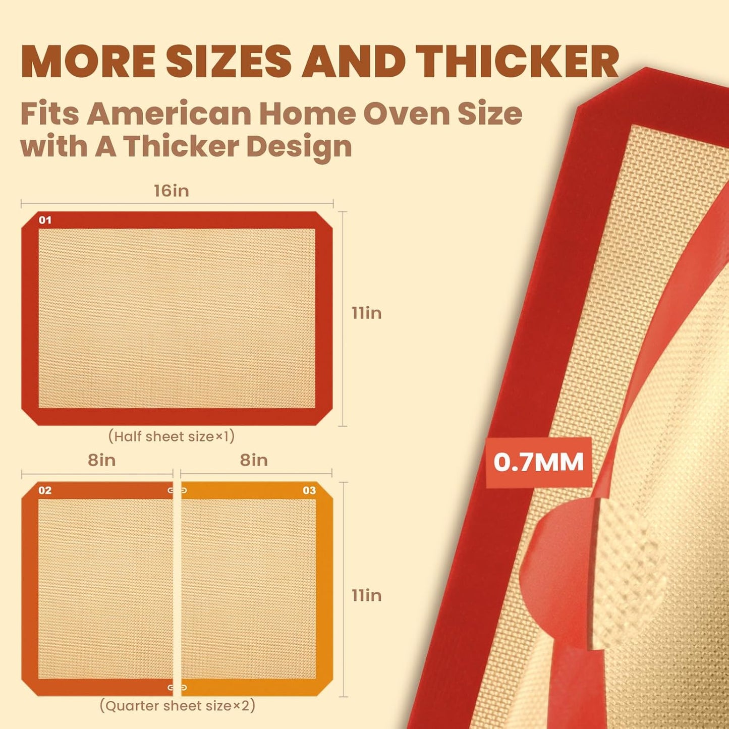 3 Pcs Silicone Baking Mat Set - Non-Stick, Reusable, Half & Quarter Sheet
