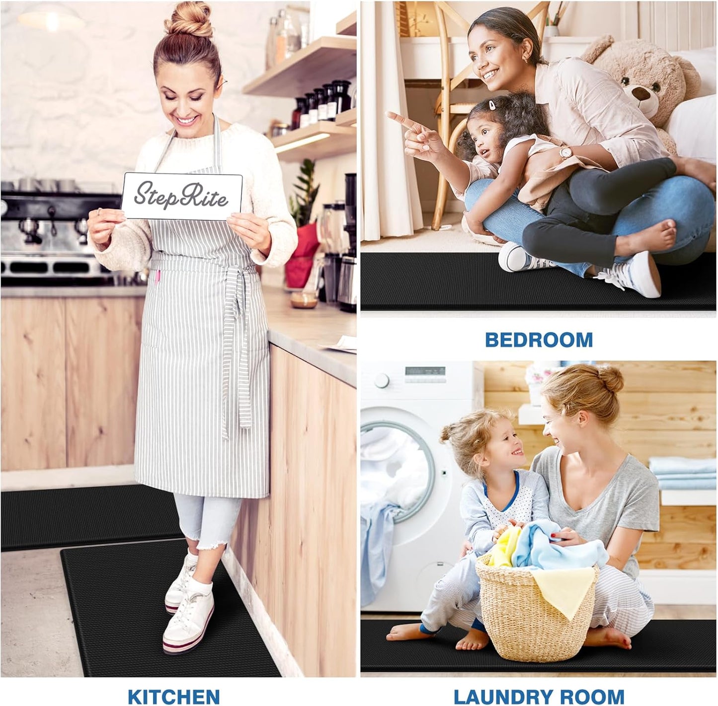 2PCS Cushioned Kitchen Mats - Anti-Fatigue, Non-Slip, Waterproof, Black Rug Set