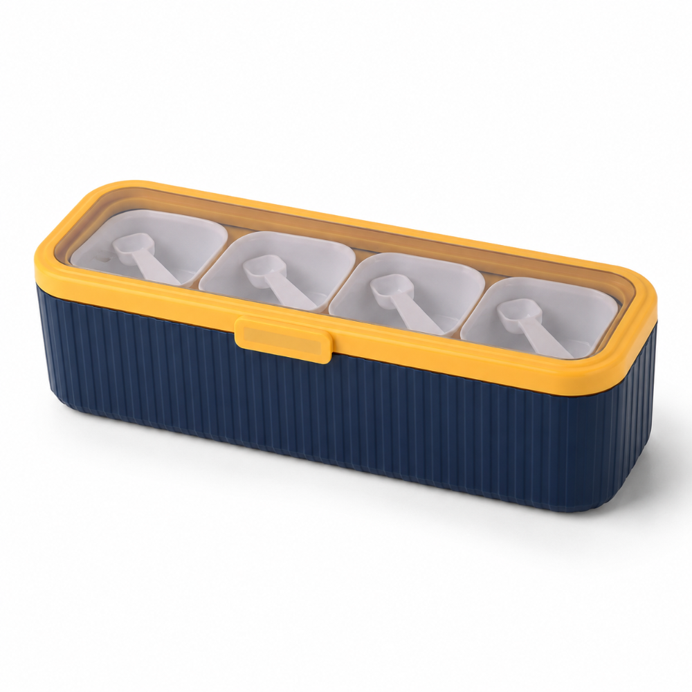 Blue and yellow container with four compartments on a white background