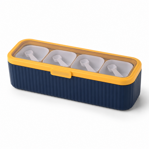 Blue and yellow container with four compartments on a white background